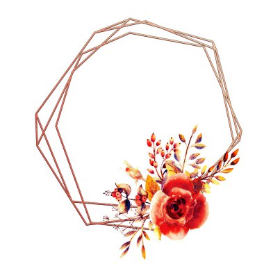 Çiçek dallar kümesi. Pembe Gül çiçek, yeşil yaprakları, kırmızı. Çiçekli düğün kavramı. Çiçek afiş, davetiye. Tebrik kartı ve davetiye tasarım için suluboya düzenlemeler. Gümüş çerçeve