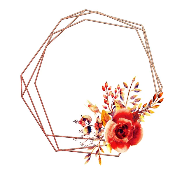 Reihe von Blumenzweigen. rosa Rosenblüte, grüne Blätter, rot. Hochzeitskonzept mit Blumen. Blumenposter, Einladung. Aquarell-Arrangements für Grußkarten oder Einladungskarten. silberner Rahmen — Stockfoto