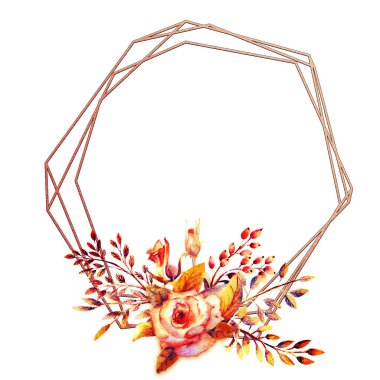 Çiçek dallar kümesi. Pembe Gül çiçek, yeşil yaprakları, kırmızı. Çiçekli düğün kavramı. Çiçek afiş, davetiye. Tebrik kartı ve davetiye tasarım için suluboya düzenlemeler. Gümüş çerçeve