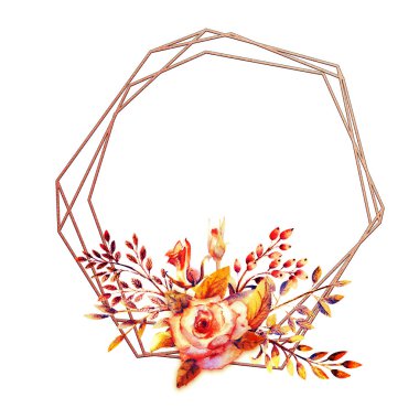 Çiçek dallar kümesi. Pembe Gül çiçek, yeşil yaprakları, kırmızı. Çiçekli düğün kavramı. Çiçek afiş, davetiye. Tebrik kartı ve davetiye tasarım için suluboya düzenlemeler. Gümüş çerçeve