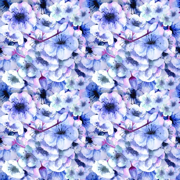 Patrón sin costuras. Color cereza. Rama Sakura con flores rosas. Imagen de la primavera. Una trampa. Ilustración en acuarela. Elemento de diseño. Fondo azul —  Fotos de Stock