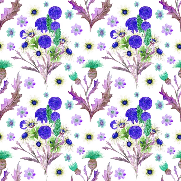 Seamless pattern with spring flowers and leaves. Wildflowers on isolated white background. Floral pattern for Wallpaper or fabric. Watercolor illustration. Element of packaging design, invitations — Stock Photo, Image