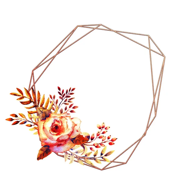 Reihe von Blumenzweigen. rosa Rosenblüte, grüne Blätter, rot. Hochzeitskonzept mit Blumen. Blumenposter, Einladung. Aquarell-Arrangements für Grußkarten oder Einladungskarten. silberner Rahmen — Stockfoto