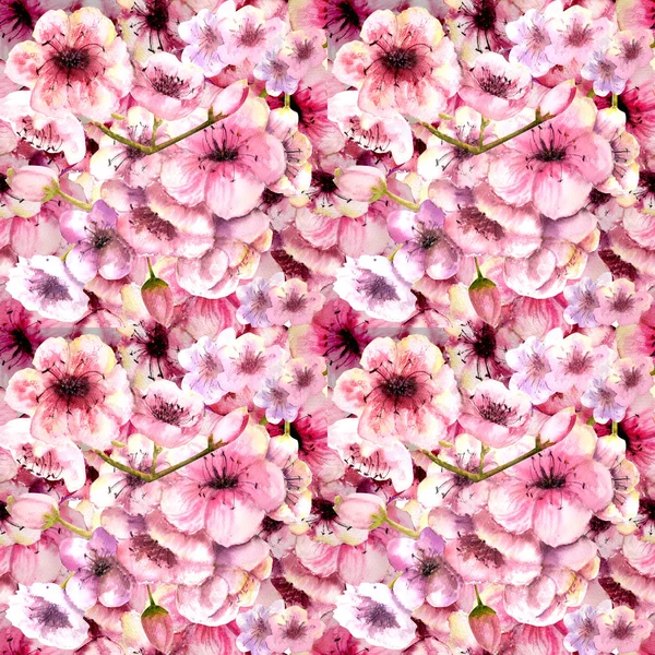 Seamless pattern. Cherry color. Sakura branch with pink flowers. Image of spring. Frame. Watercolor illustration. Design element.