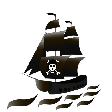 Gemi, siyah yelkenler ve kafatası olan bir Frigate. Beyaz izole arka planda vektör siyah ve beyaz çizim. Çizim.