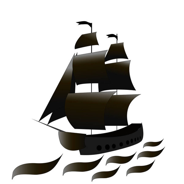 Пиратский корабль с черными парусами в море. Векторная иллюстрация
