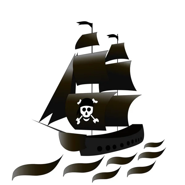 El barco es una fragata con velas negras y un cráneo. Dibujo vectorial en blanco y negro sobre fondo aislado blanco. Esbozo . — Vector de stock