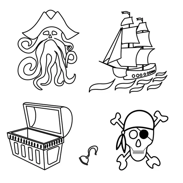 手で海賊をテーマにした図面。海賊のシンボル-剣、宝箱、頭蓋骨と海賊、デイビー・ジョーンズ、タコ. — ストックベクタ