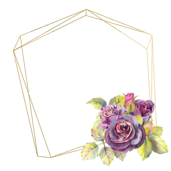 Flores de rosas oscuras, hojas verdes, composición en un marco geométrico dorado. El concepto de las flores de boda. Composiciones de acuarela para el diseño de tarjetas de felicitación o invitaciones . — Foto de Stock