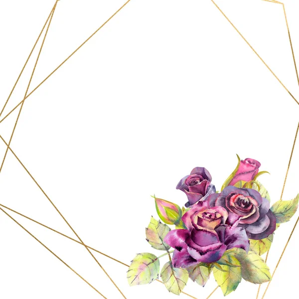 Λουλούδια από σκούρα τριαντάφυλλα, πράσινα φύλλα, σύνθεση σε ένα γεωμετρικό χρυσό πλαίσιο. Η έννοια των λουλουδιών του γάμου. Αφίσα λουλουδιών, πρόσκληση. Συνθέσεις υδατογραφημάτων για το σχεδιασμό ευχετήριων καρτών o — Φωτογραφία Αρχείου