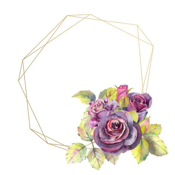 花的暗玫瑰,绿叶,组成在几何金框。婚礼花的概念。花海报,邀请函用于贺卡设计的水彩组合物 o — 图库照片
