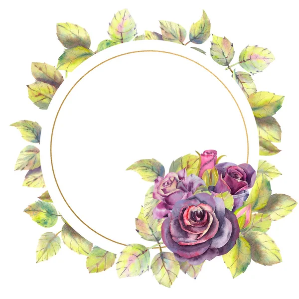 Flowers of dark roses, green leaves, composition in a geometric Golden frame. The concept of the wedding flowers. Round frame. Flower poster, invitation. Watercolor compositions for the design of gree — Stock Photo, Image