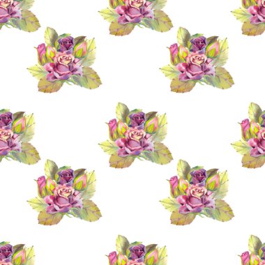 Kusursuz desen. Koyu gül çiçekleri, yeşil yapraklar. Çiçek posteri, davetiye. Tebrik kartı veya davetiye tasarımı için suluboya kompozisyonları.