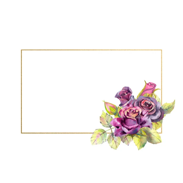 花的暗玫瑰，绿叶，组成在几何金框。婚礼花的概念。矩形框架。花海报，邀请函设计水彩组合 — 图库照片