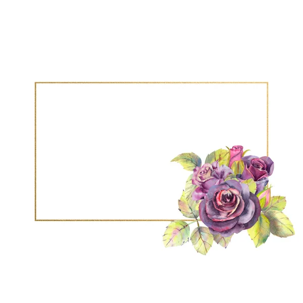 어두운 장미의 꽃, 녹색 잎, 기하학적 황금 프레임의 구성. 결혼식 꽃의 개념입니다. 직사각형 프레임입니다. 꽃 포스터, 초대장. 디자인을위한 수채화 조성물 — 스톡 사진
