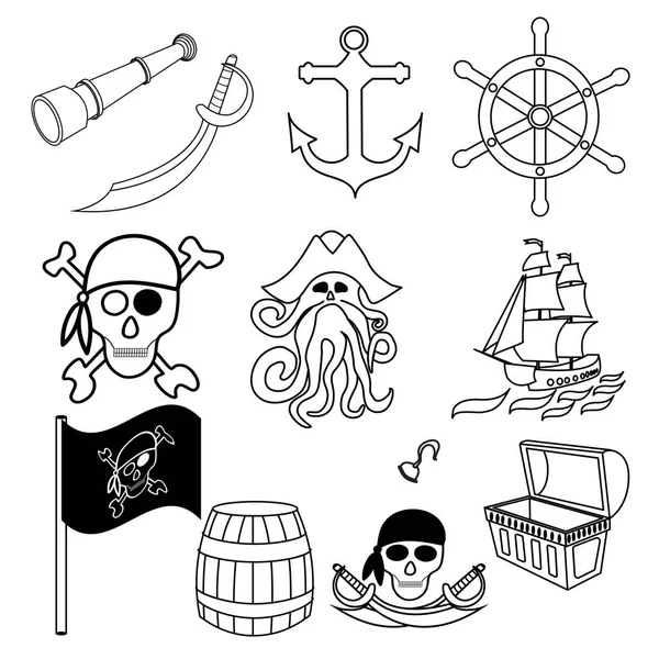 Dibujos temáticos piratas a mano. Espadas piratas, cofre del tesoro, cráneo y huesos cruzados, Davy Jones, pulpo, trompeta, barril, bandera, gancho, etc. . — Vector de stock