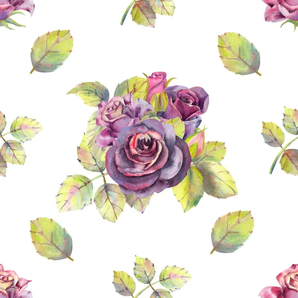 Seamless pattern. Dark rose flowers, green leaves. Flower poster, invitation. Watercolor compositions for greeting card or invitation design. — Stock Photo, Image
