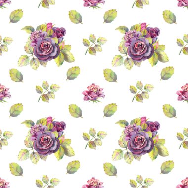 Kusursuz desen. Koyu gül çiçekleri, yeşil yapraklar. Çiçek posteri, davetiye. Tebrik kartı veya davetiye tasarımı için suluboya kompozisyonları.