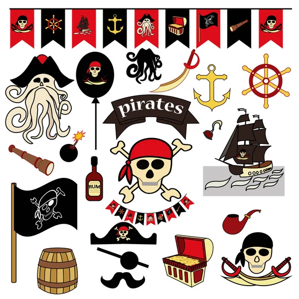 Conjunto de 23 elementos de color sobre el tema pirata. Espadas piratas, cofre del tesoro, cráneo y huesos, Davy Jones, pulpo, tuberías, barriles, bandera, gancho, mina terrestre, etc. . — Vector de stock