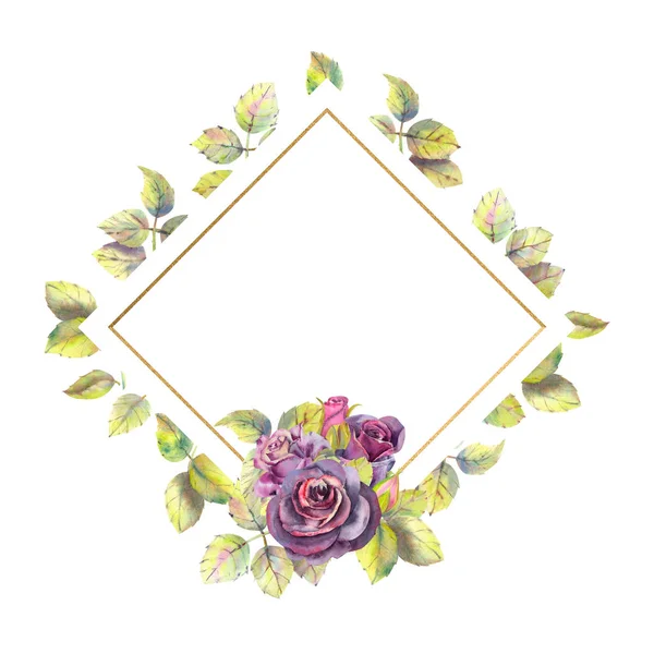 花的暗玫瑰，绿叶，组成在几何金框。婚礼花的概念。钻石形框架。花海报，邀请函水彩合成 — 图库照片