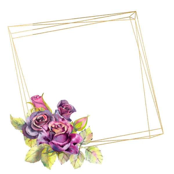 Blüten aus dunklen Rosen, grünen Blättern, Komposition in einem geometrischen goldenen Rahmen. das Konzept der Hochzeitsblumen. Blumenposter, Einladung. Aquarellkompositionen für die Gestaltung von Grußkarten — Stockfoto