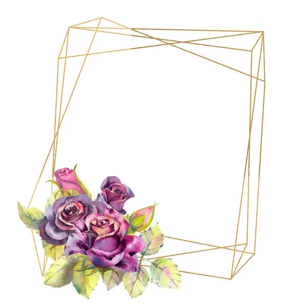 Λουλούδια από σκούρα τριαντάφυλλα, πράσινα φύλλα, σύνθεση σε ένα γεωμετρικό χρυσό πλαίσιο. Η έννοια των λουλουδιών του γάμου. Αφίσα λουλουδιών, πρόσκληση. Συνθέσεις υδατογραφημάτων για το σχεδιασμό ευχετήριων καρτών — Φωτογραφία Αρχείου