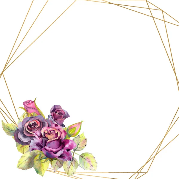 Flores de rosas oscuras, hojas verdes, composición en un marco geométrico dorado. El concepto de las flores de boda. Cartel de flores, invitación. Composiciones de acuarela para el diseño de tarjetas de felicitación — Foto de Stock