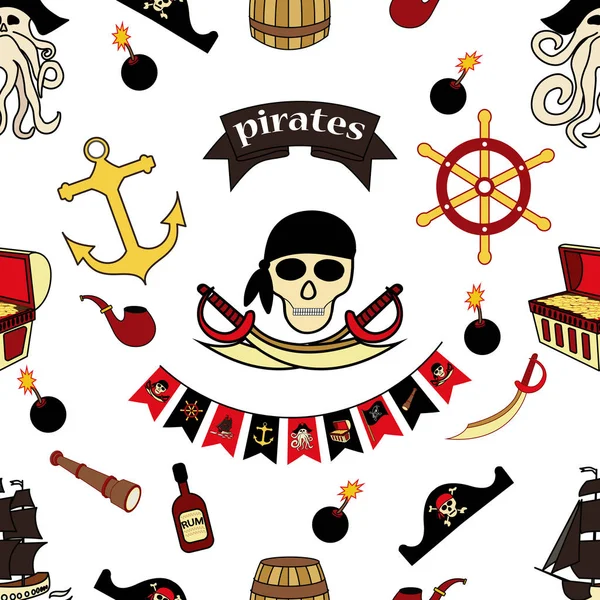 Simless padrão Piratas desenhos temáticos à mão. Pirata símbolos-espadas, baú do tesouro, crânio e ossos cruzados, Davy Jones, polvo, trompete, barril, bandeira, gancho, etc . — Vetor de Stock