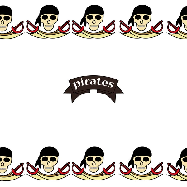 Patrón Simless Dibujos temáticos piratas a mano. Espadas piratas, cofre del tesoro, cráneo y huesos cruzados, Davy Jones, pulpo, trompeta, barril, bandera, gancho, etc. . — Vector de stock