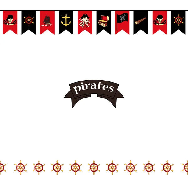 Padrão sem costura. Bandeiras sobre os símbolos-espadas tema pirata, baú do tesouro, crânio e ossos, Davy Jones, etc. Ilustração vetorial — Vetor de Stock
