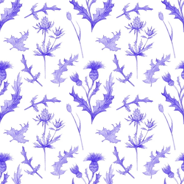 Nahtloses Muster mit Frühlingsblumen und Blättern. Wildblumen auf isoliertem weißem Hintergrund. Blumenmuster für Tapeten oder Stoff. Aquarell-Illustration. Element Verpackungsdesign, Einladungen — Stockfoto
