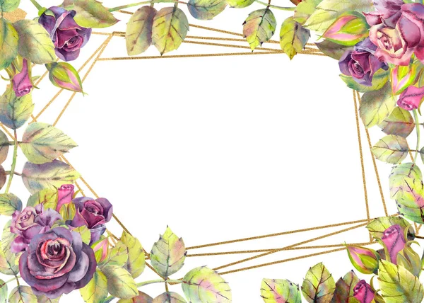 Blüten aus dunklen Rosen, grünen Blättern, Komposition. horizontale Rahmenorientierung. das Konzept der Hochzeitsblumen. Blumenposter, Einladung. Aquarellkompositionen für die Gestaltung von Grußkarten — Stockfoto