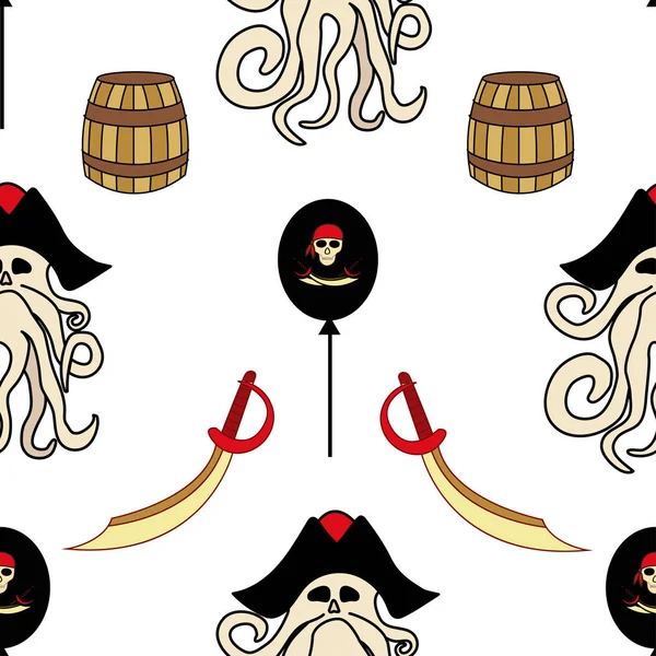 Modèle simple. Symboles pirates épées, Davy Jones, pieuvre, tonneaux, drapeau. Décoration de fête — Image vectorielle