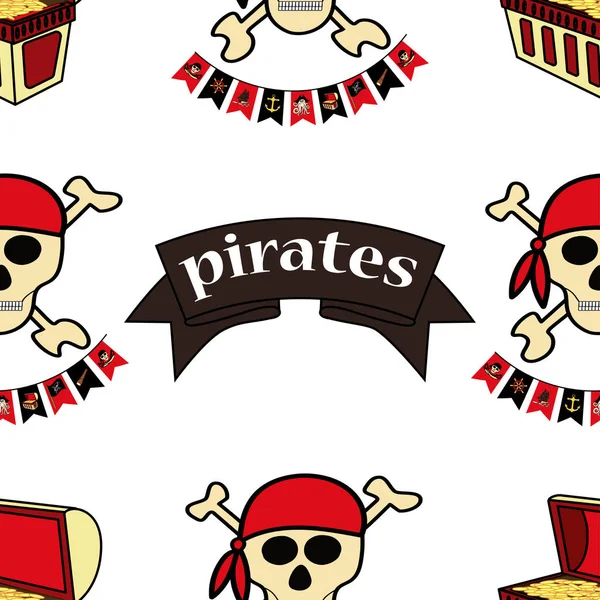 Simless padrão Piratas desenhos temáticos à mão. Pirata símbolos-espadas, baú do tesouro, crânio e ossos cruzados, Davy Jones, polvo, trompete, barril, bandeira, gancho, etc . —  Vetores de Stock