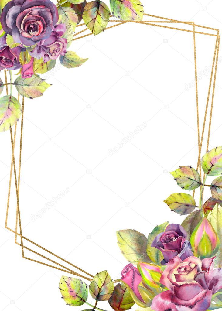 Flowers of dark roses, green leaves, composition.Vertical orientation of the frame . The concept of the wedding flowers. Flower poster, invitation. Watercolor compositions for the design of greeting