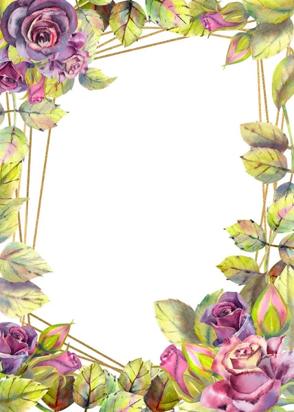 暗いバラ、緑の葉、組成物の花。フレームの垂直方向 。結婚式の花のコンセプト。花のポスター、招待状。挨拶のデザインのための水彩画 — ストック写真