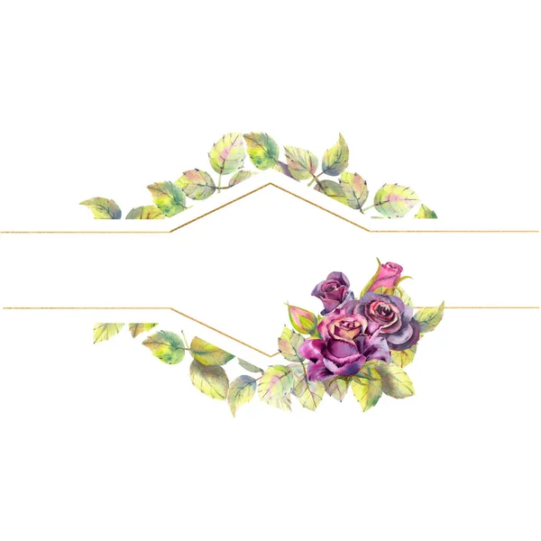 黑玫瑰的花朵，绿叶，成分。水平框架方向 。婚礼花的概念。用于贺卡或邀请函设计的水彩合成. — 图库照片