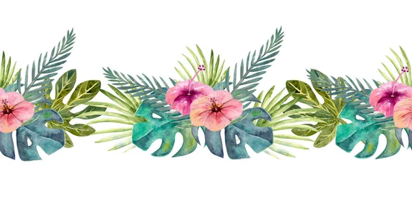 Tropische Blätter. Wiederholung der horizontalen Sommergrenze. Florales Aquarell. Aquarellkompositionen zur Gestaltung von Grußkarten oder Einladungen. Illustration — Stockfoto