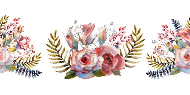 Pembe güller, tomurcuklar, yapraklar. Yaz yatay kenarlık tekrarı. Çiçek suluboya. Tebrik kartları veya davetiye tasarımı için suluboya kompozisyonlar. Illüstrasyon.