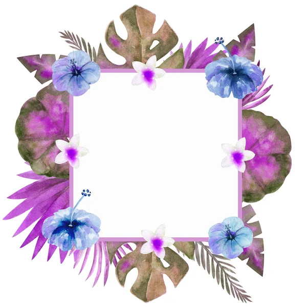 Renkli tropikal yaprakları suluboya çerçevesi. Davetiyeler, tebrik kartları ve duvar kağıtları için. mavi ton