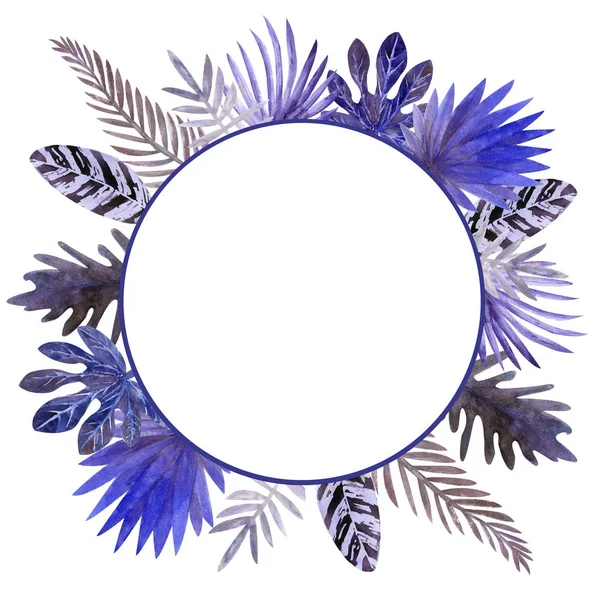 화려한 열 대 잎의 수채화 프레임입니다. 초대장, 인사말 카드 및 배경 화면. 블루 톤 — 스톡 사진