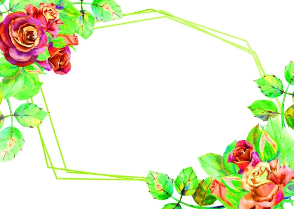 Flores de rosas oscuras, hojas verdes, composición. Orientación horizontal del marco. El concepto de las flores de boda. Composiciones de acuarela para el diseño de tarjetas de felicitación o invitaciones . — Foto de Stock