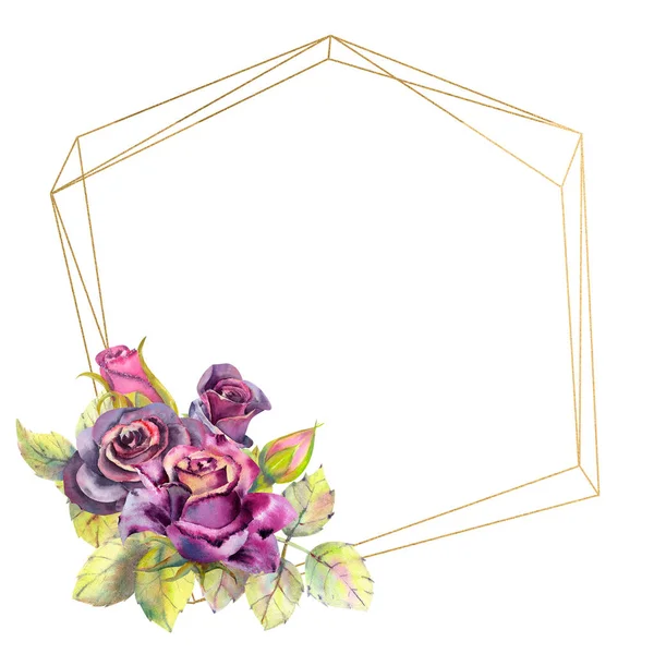 Blüten aus dunklen Rosen, grünen Blättern, Komposition in einem geometrischen goldenen Rahmen. das Konzept der Hochzeitsblumen. Blumenposter, Einladung. Aquarellkompositionen für die Gestaltung von Grußkarten — Stockfoto