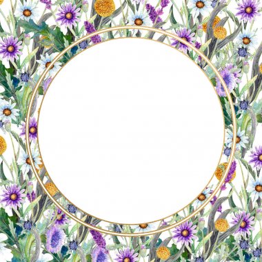 Romantik çerçeve. Suluboya daki kır çiçekleri. Çiçeklerle düğün konsepti. Çiçek posteri, davetiye. Tebrik kartı veya davetiye tasarımı için suluboya düzenlemeleri. Yuvarlak şekil