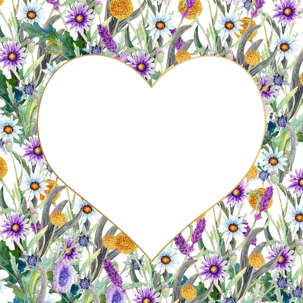 Romantic heart-shaped frame. Wildflowers in watercolor. Wedding concept with flowers. Floral poster, invitation. Watercolor arrangements for greeting card or invitation design. — Stock Photo, Image