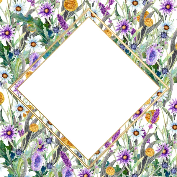 Romantic frame. Wildflowers in watercolor. Wedding concept with flowers. Floral poster, invitation. Watercolor arrangements for greeting card or invitation design. Diamond shape — Stock Photo, Image