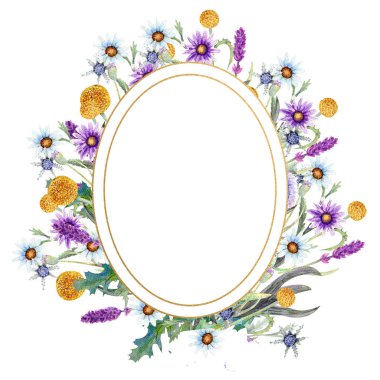 Romantik oval çerçeve. Suluboya daki kır çiçekleri. Çiçeklerle düğün konsepti. Çiçek posteri, davetiye. Tebrik kartı veya davetiye tasarımı için suluboya düzenlemeleri.