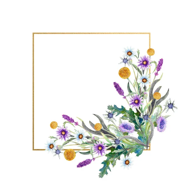 Ρομαντικό πλαίσιο. Αγριολούλουδα σε ακουαρέλα. Γαμήλια ιδέα με λουλούδια. Λουλουδάτη αφίσα, πρόσκληση. Ρυθμίσεις υδατογραφήσεων για Ευχετήρια κάρτα ή σχεδίαση πρόσκλησης. — Φωτογραφία Αρχείου