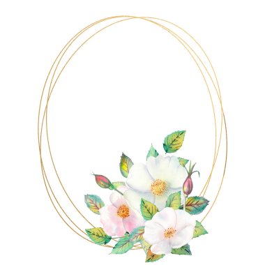 Beyaz gül kalçalı çiçekler, kırmızı meyveler, yeşil yapraklar, geometrik altın çerçeveli kompozisyon. Çiçek posteri, davetiye. Tebrik kartı veya davetiye tasarımı için suluboya kompozisyonları.