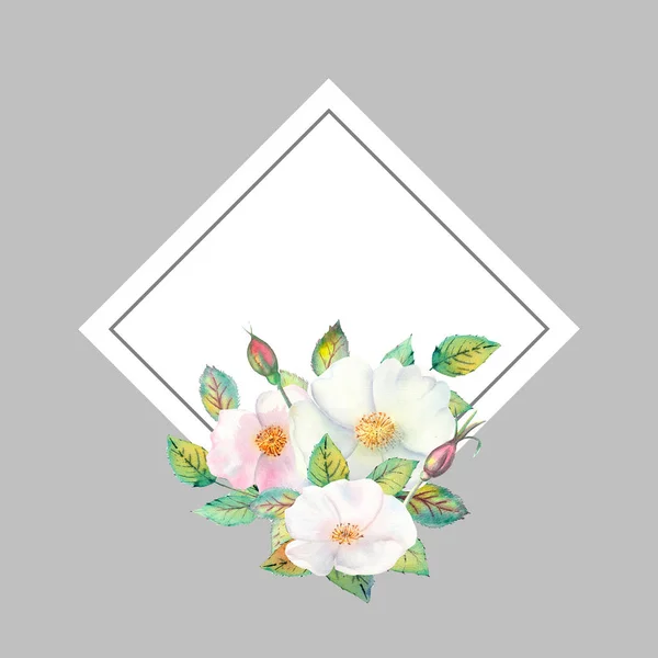 白いバラの腰の花、赤い果実、緑の葉、幾何学的なゴールデンフレームの組成。花のポスター招待状。グリーティングカード又は招待状のデザインのための水彩画. — ストック写真